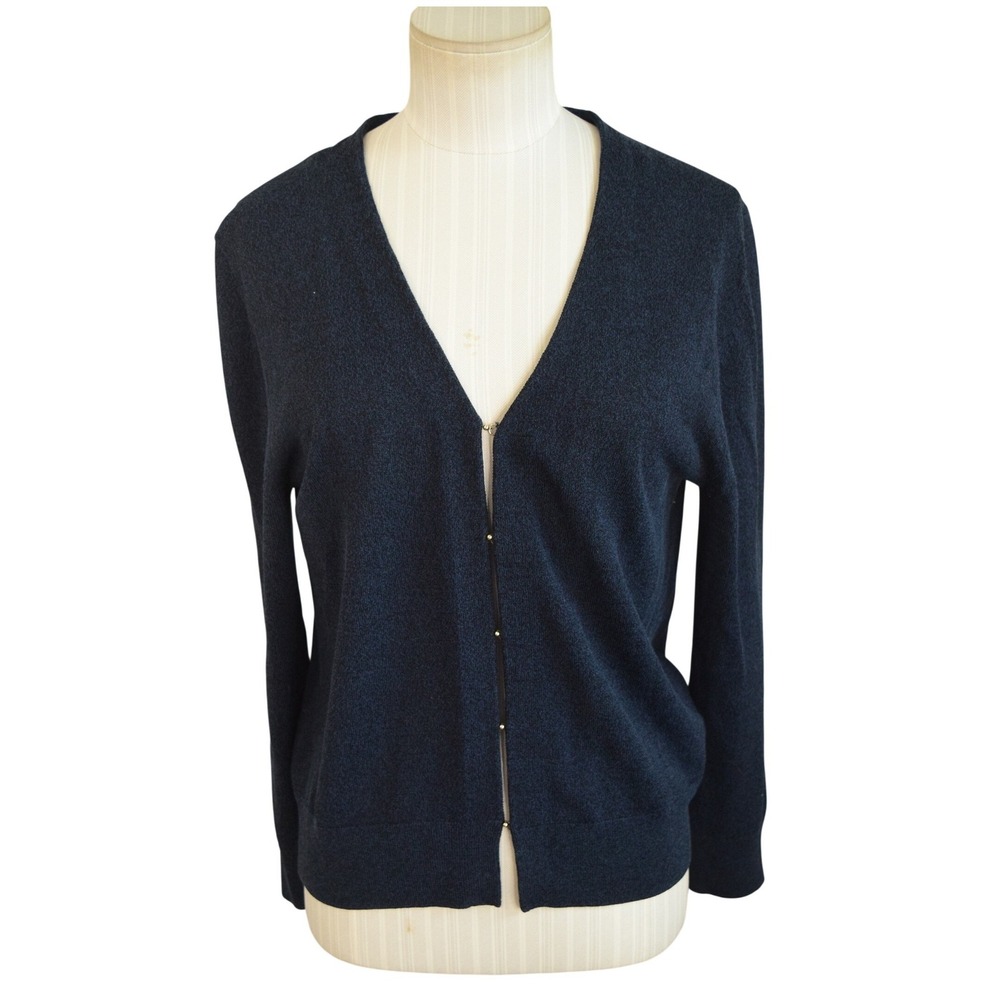 MM LaFleur Biliie Cardigan Large Navy Blue Hook Eye V-Neck Women Knit Sweater